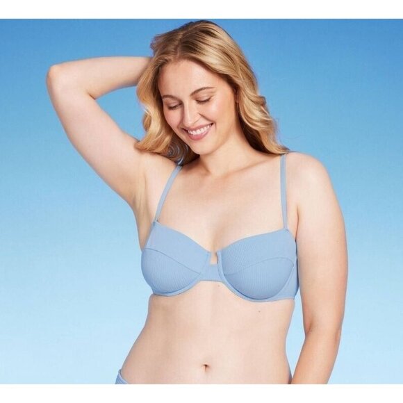 Shade & Shore Medium 34C Light Blue Ribbed Texture Underwire Bikini Swim Top - Picture 1 of 5